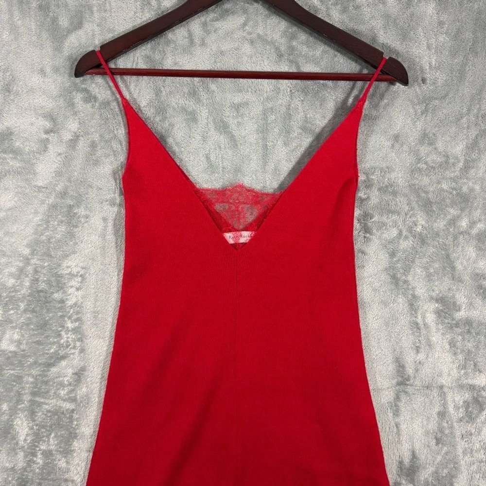 Ryan Roche Ribbed Knit Red Dress Lace Trim V-Neck Womens Small Knee Length - Picture 2 of 14